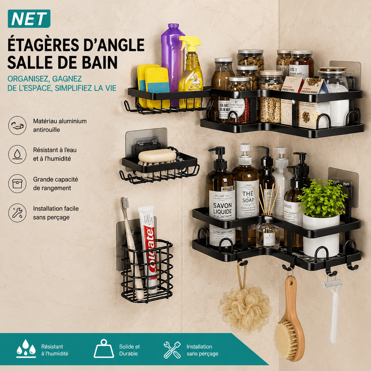 Étagères d’angle de salle de bain — 4 en 1